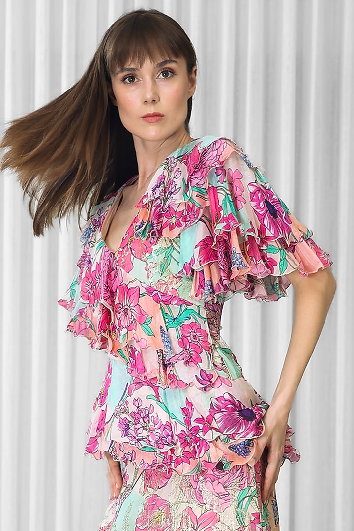 Purple Chiffon & Brasso Printed Ruffled Cocktail Dress by Mandira Wirk - Resort at Pernia's Pop Up Shop