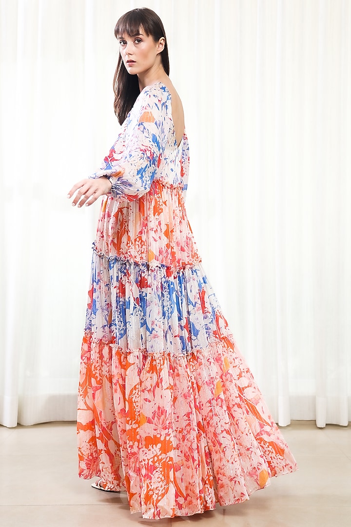 Multi-Colored Georgette Lurex Printed Tiered Cocktail Dress by Mandira Wirk - Resort at Pernia's Pop Up Shop