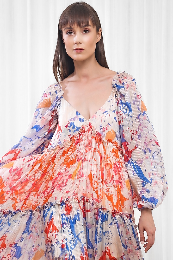 Multi-Colored Georgette Lurex Printed Tiered Cocktail Dress by Mandira Wirk - Resort at Pernia's Pop Up Shop