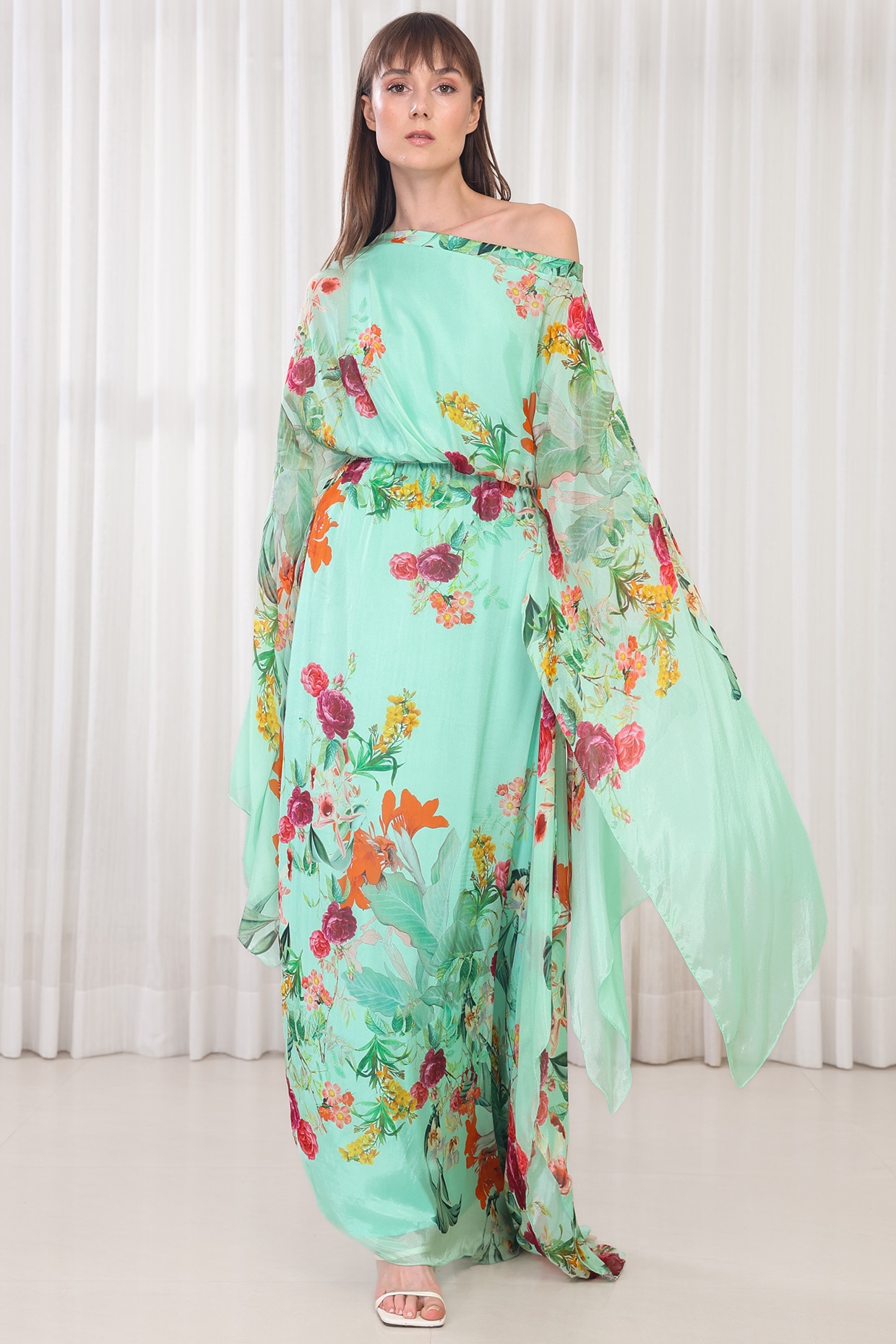 Buy ikichic Blue & White Printed One-Shoulder Kaftan Maxi Dress at Amazon.in
