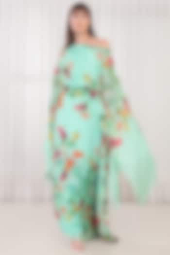 Green Chiffon Printed One Shoulder Kaftan Dress by Mandira Wirk