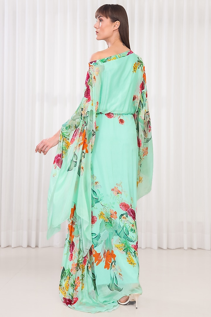 Green Chiffon Printed One Shoulder Kaftan Vacation Dress by Mandira Wirk - Resort at Pernia's Pop Up Shop