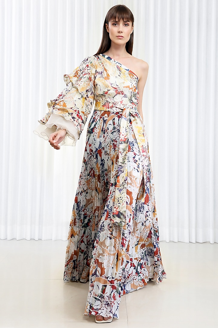 Multi-Colored Brasso Printed Pleated One Shoulder Cocktail Dress by Mandira Wirk - Resort at Pernia's Pop Up Shop