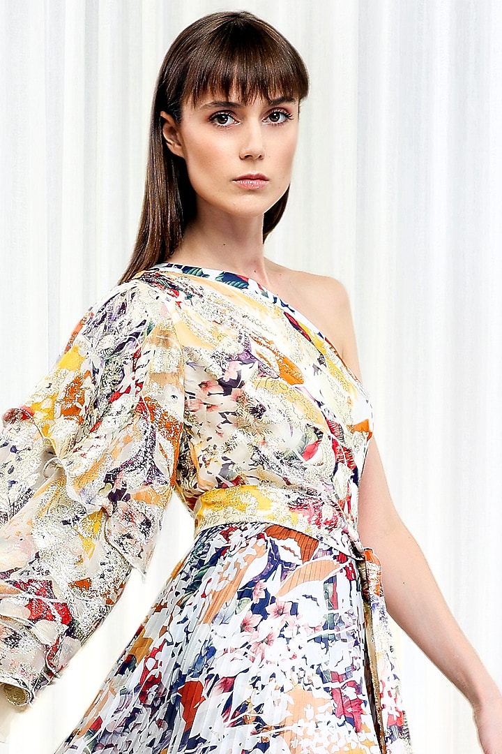 Multi-Colored Brasso Printed Pleated One Shoulder Cocktail Dress by Mandira Wirk - Resort at Pernia's Pop Up Shop
