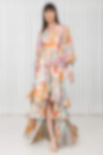 Ochre Organza & Brasso Printed Layered Dress by Mandira Wirk