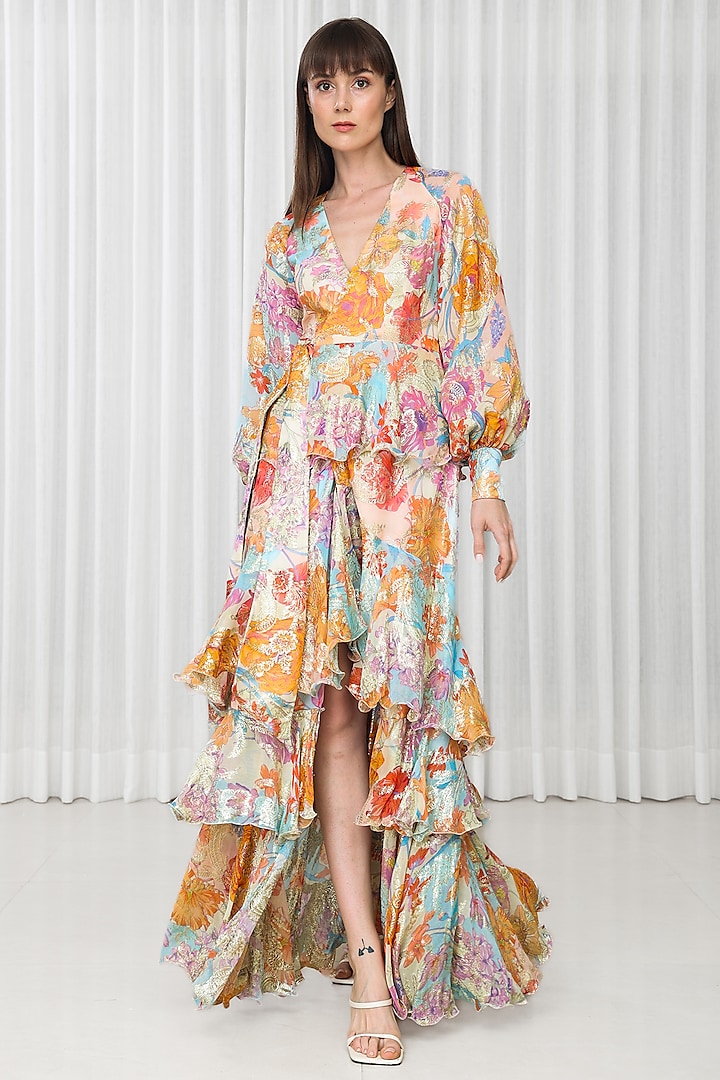 Ochre Organza & Brasso Printed Layered Dress by Mandira Wirk