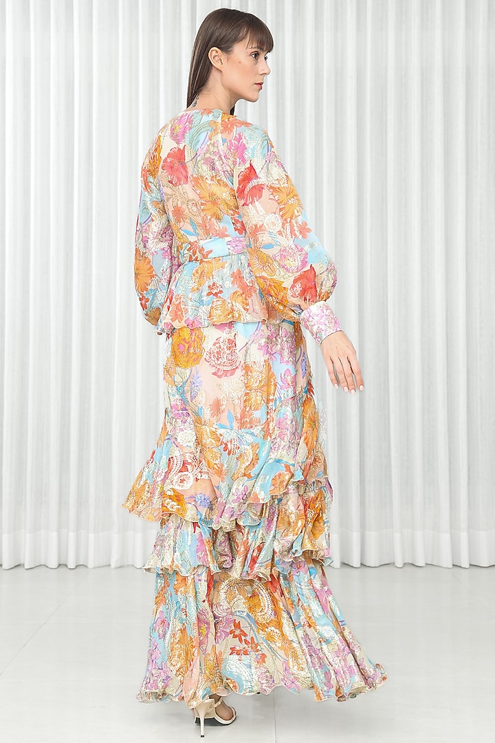 Ochre Organza & Brasso Printed Layered Cocktail Dress by Mandira Wirk - Resort at Pernia's Pop Up Shop