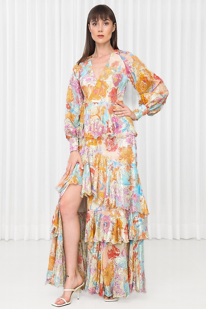 Ochre Organza & Brasso Printed Layered Cocktail Dress by Mandira Wirk - Resort at Pernia's Pop Up Shop