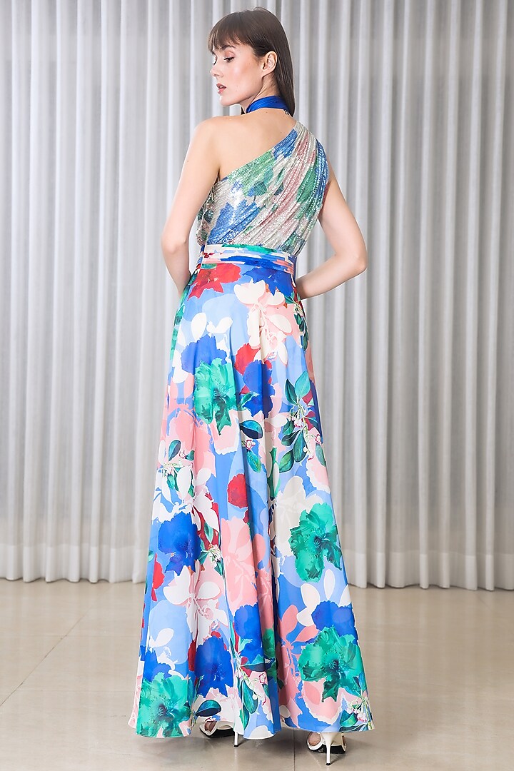 Blue Chiffon Printed One Shoulder Cocktail Dress by Mandira Wirk - Resort at Pernia's Pop Up Shop