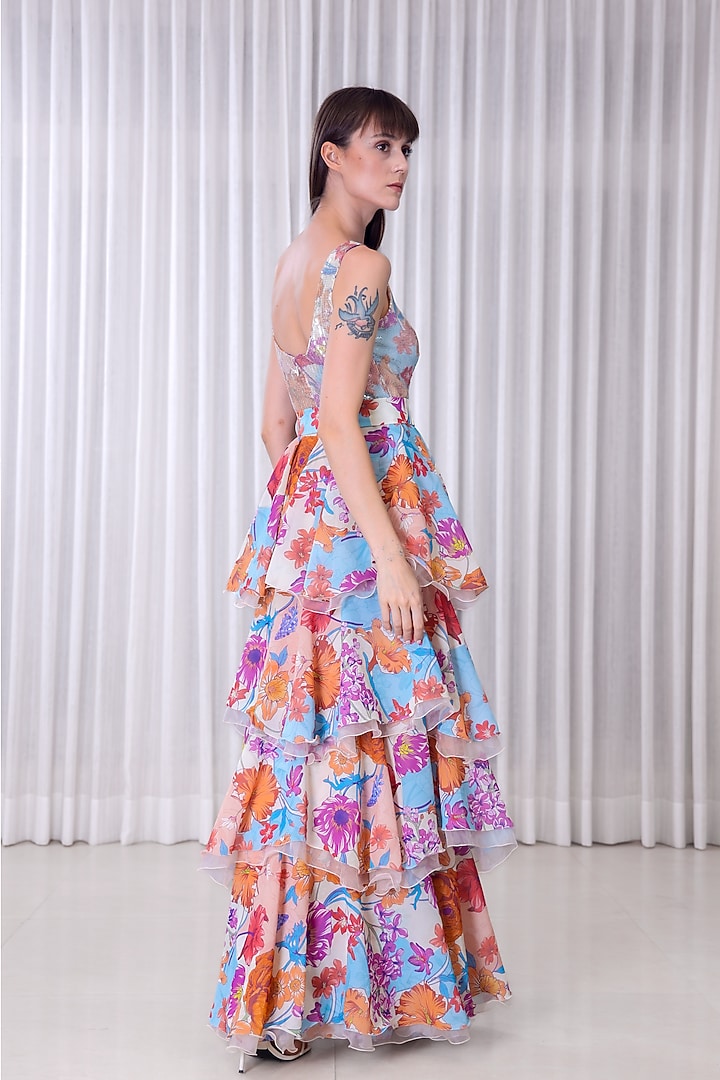 Multi-Colored Poly Georgette & Organza Printed Layered Cocktail Dress by Mandira Wirk - Resort at Pernia's Pop Up Shop