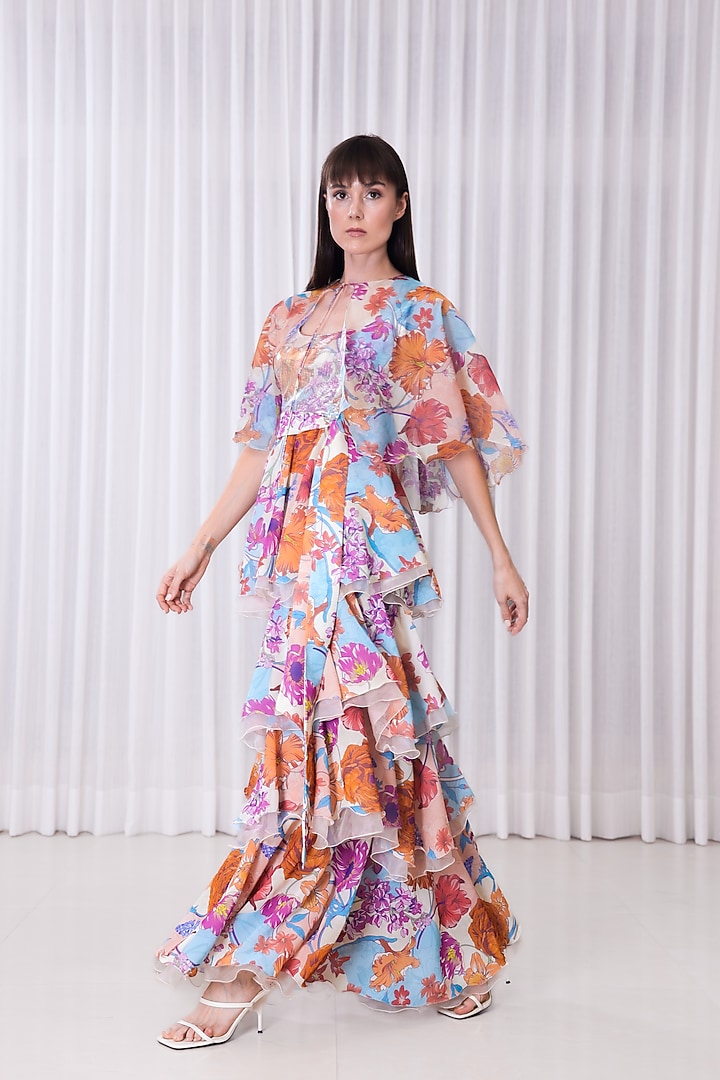 Multi-Colored Poly Georgette & Organza Printed Layered Cocktail Dress by Mandira Wirk - Resort at Pernia's Pop Up Shop