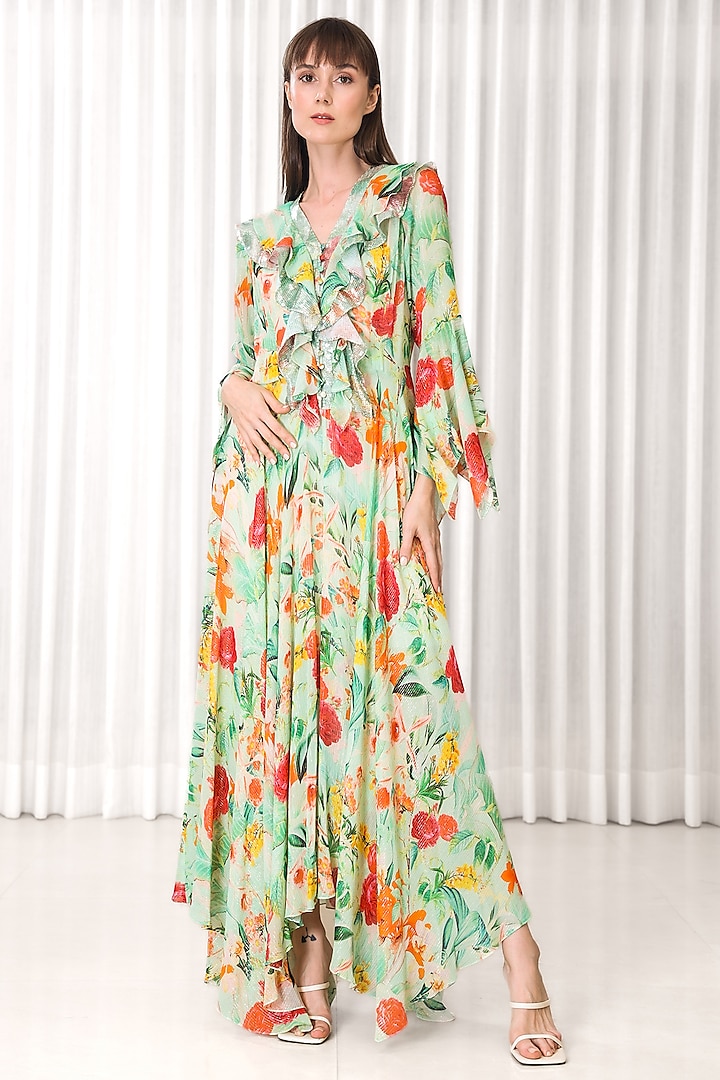 Green Lurex Georgette Printed High-Low Dress by Mandira Wirk