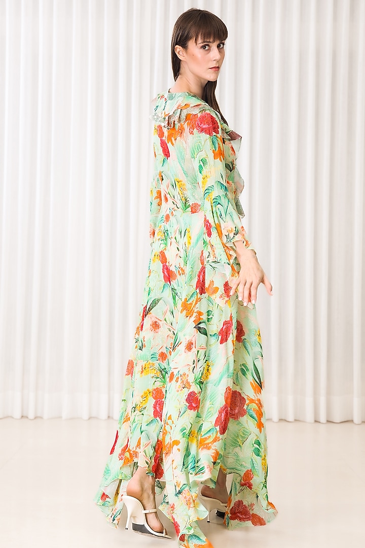 Green Lurex Georgette Printed High-Low Vacation Dress by Mandira Wirk - Resort at Pernia's Pop Up Shop