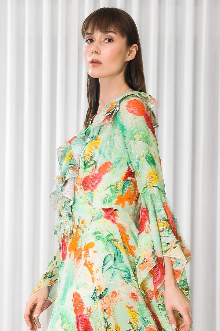 Green Lurex Georgette Printed High-Low Vacation Dress by Mandira Wirk - Resort at Pernia's Pop Up Shop