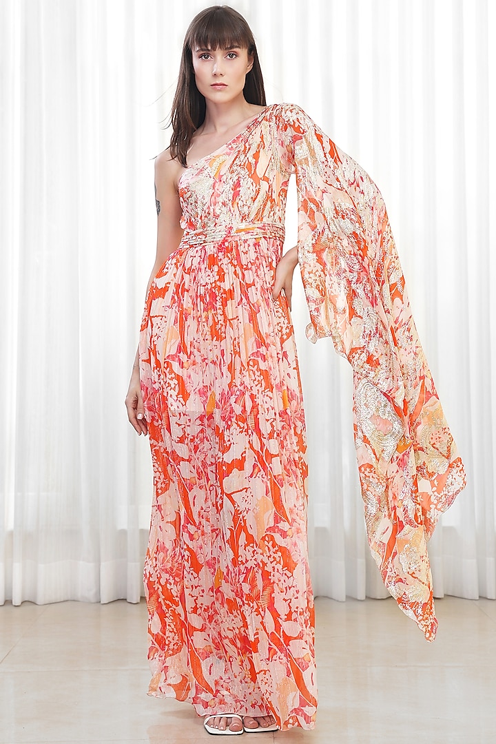 Orange Lurex Georgette Printed One Shoulder Dress by Mandira Wirk