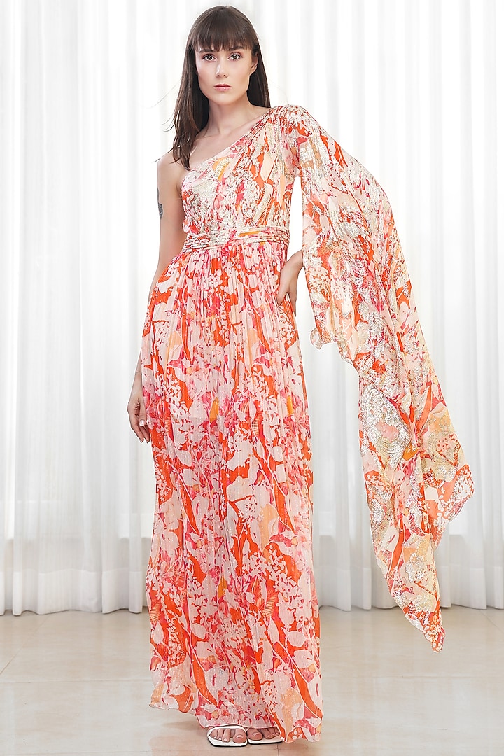 Orange Lurex Georgette Printed One Shoulder Vacation Dress by Mandira Wirk - Resort at Pernia's Pop Up Shop