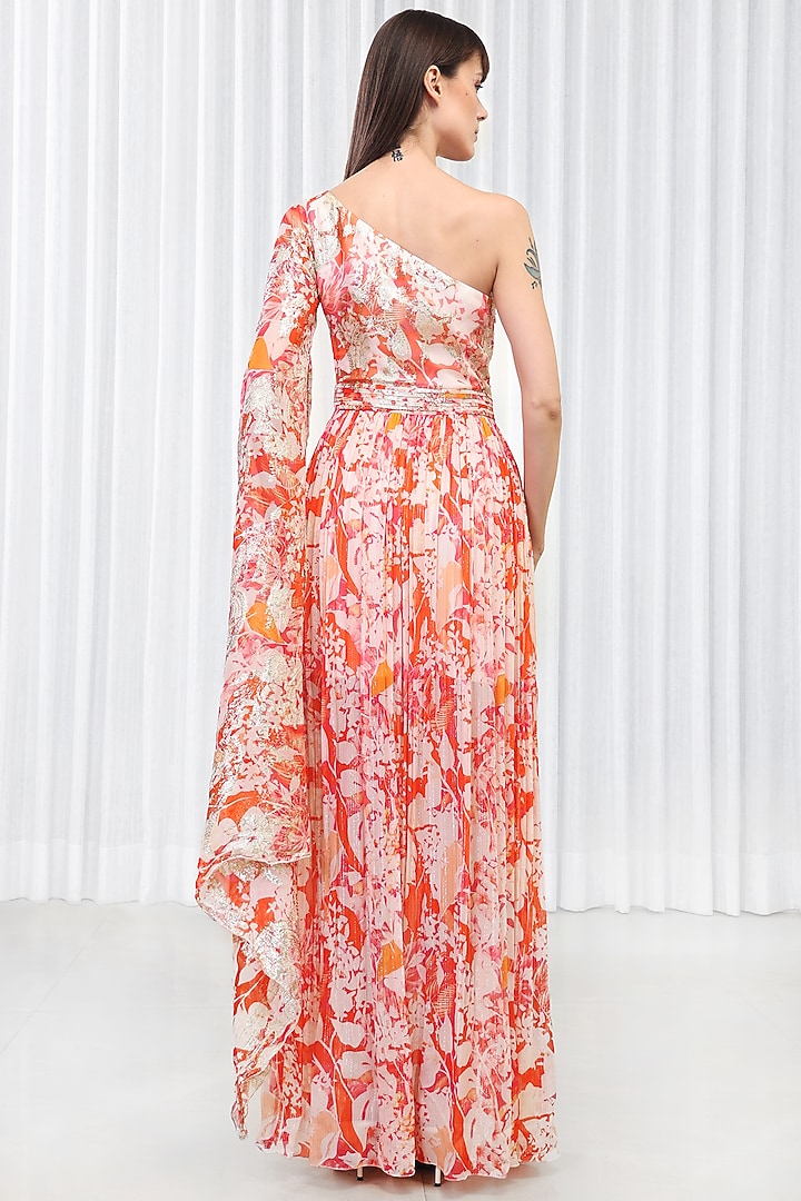 Orange Lurex Georgette Printed One Shoulder Vacation Dress by Mandira Wirk - Resort at Pernia's Pop Up Shop