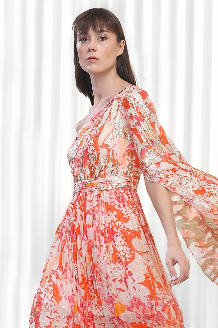 Orange Lurex Georgette Printed One Shoulder Vacation Dress by Mandira Wirk - Resort at Pernia's Pop Up Shop