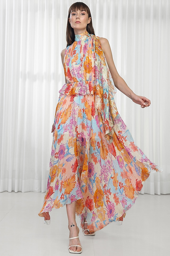 Orange Georgette Lurex Printed Dress by Mandira Wirk