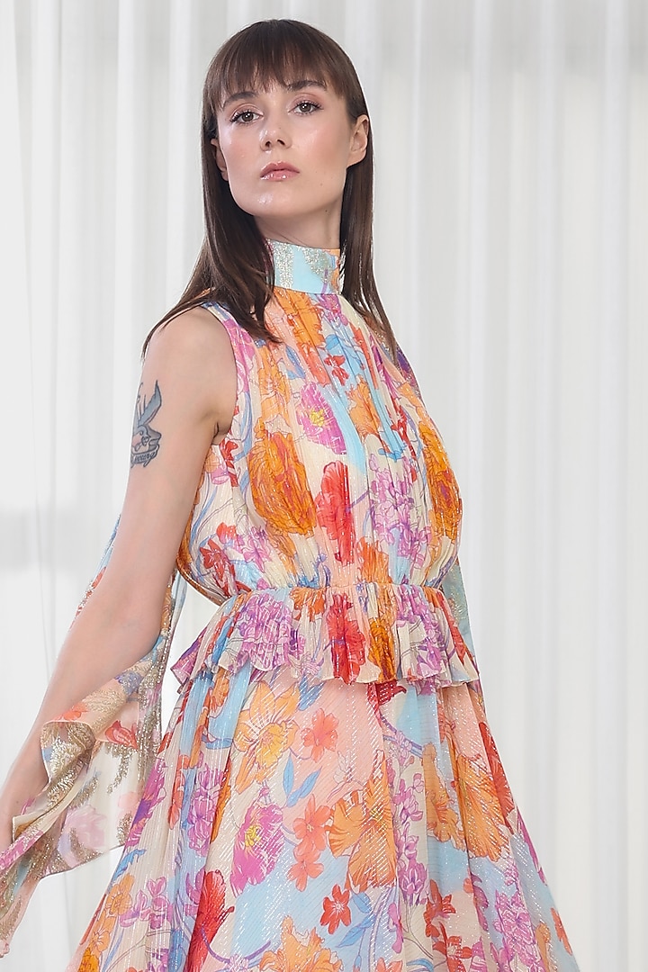 Orange Georgette Lurex Printed Vacation Dress by Mandira Wirk - Resort at Pernia's Pop Up Shop