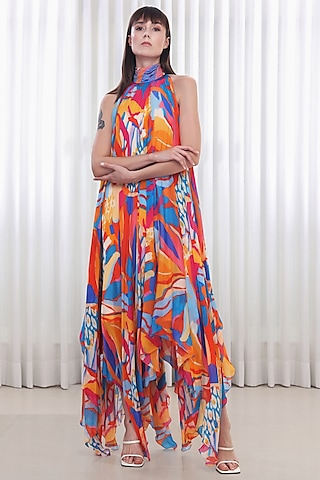 Multi-Colored Chiffon Printed & Embroidered Dress by Mandira Wirk - Resort