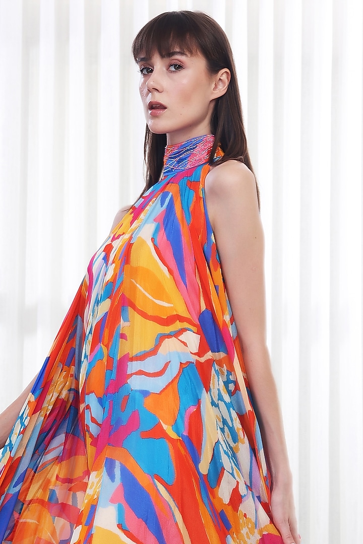 Multi-Colored Chiffon Printed & Embroidered Vacation Dress by Mandira Wirk - Resort at Pernia's Pop Up Shop