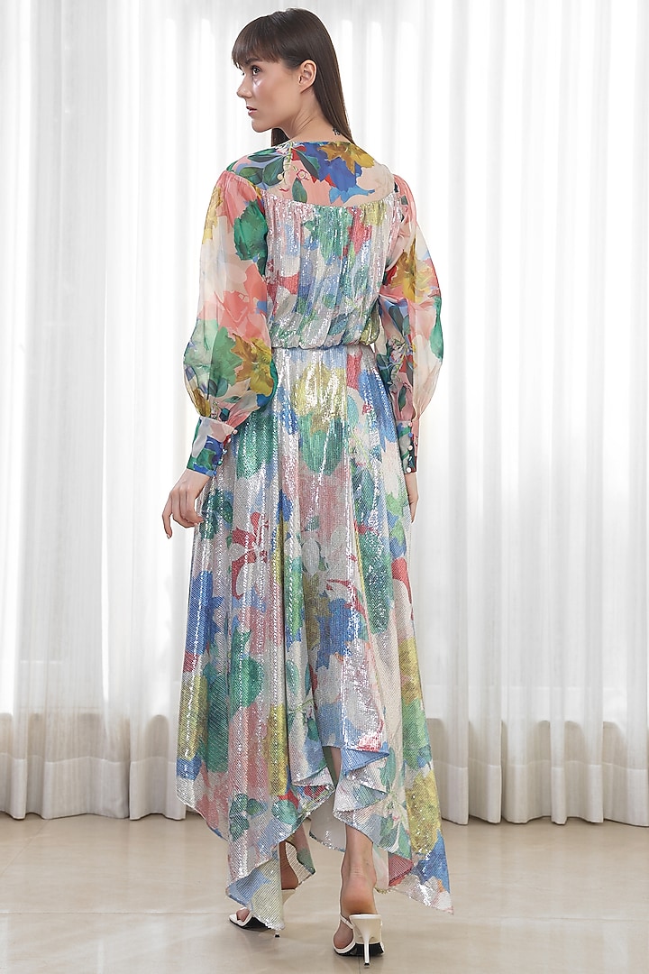 Blue Sequins & Organza Printed High-Low Cocktail Dress by Mandira Wirk - Resort at Pernia's Pop Up Shop