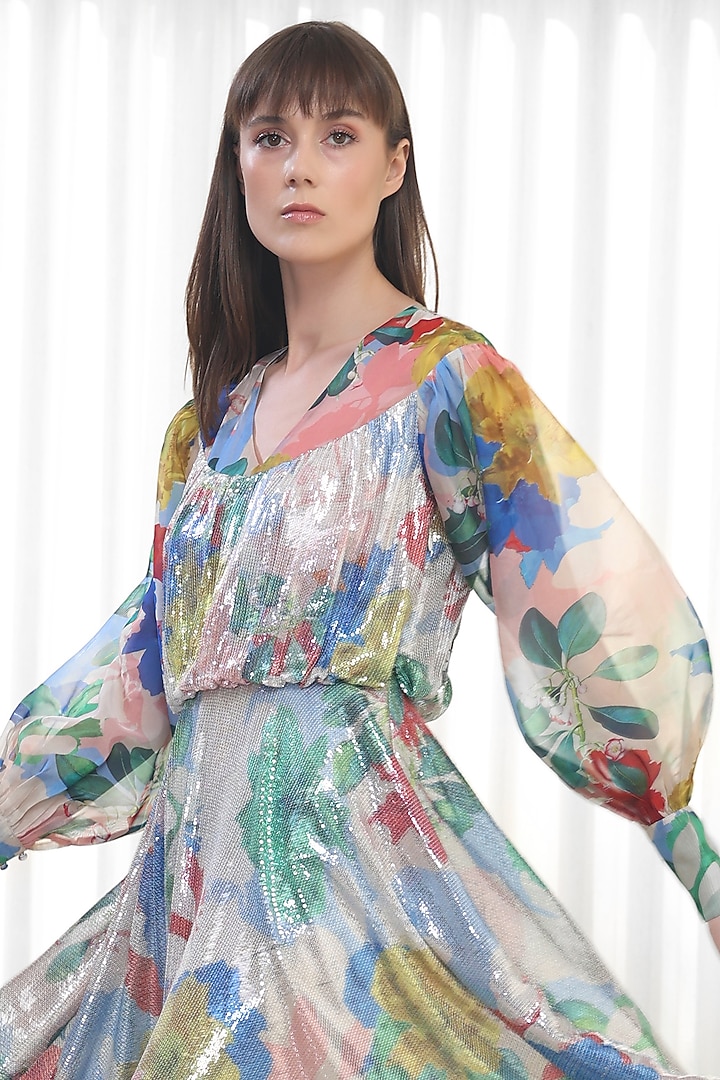 Blue Sequins & Organza Printed High-Low Cocktail Dress by Mandira Wirk - Resort at Pernia's Pop Up Shop