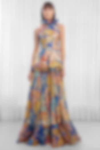 Blue Brasso & Organza Printed Ruffled Dress by Mandira Wirk