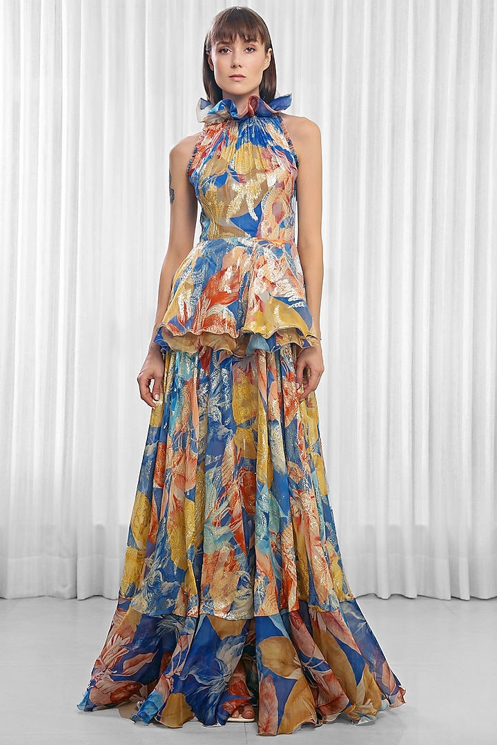 Blue Brasso & Organza Printed Ruffled Dress by Mandira Wirk