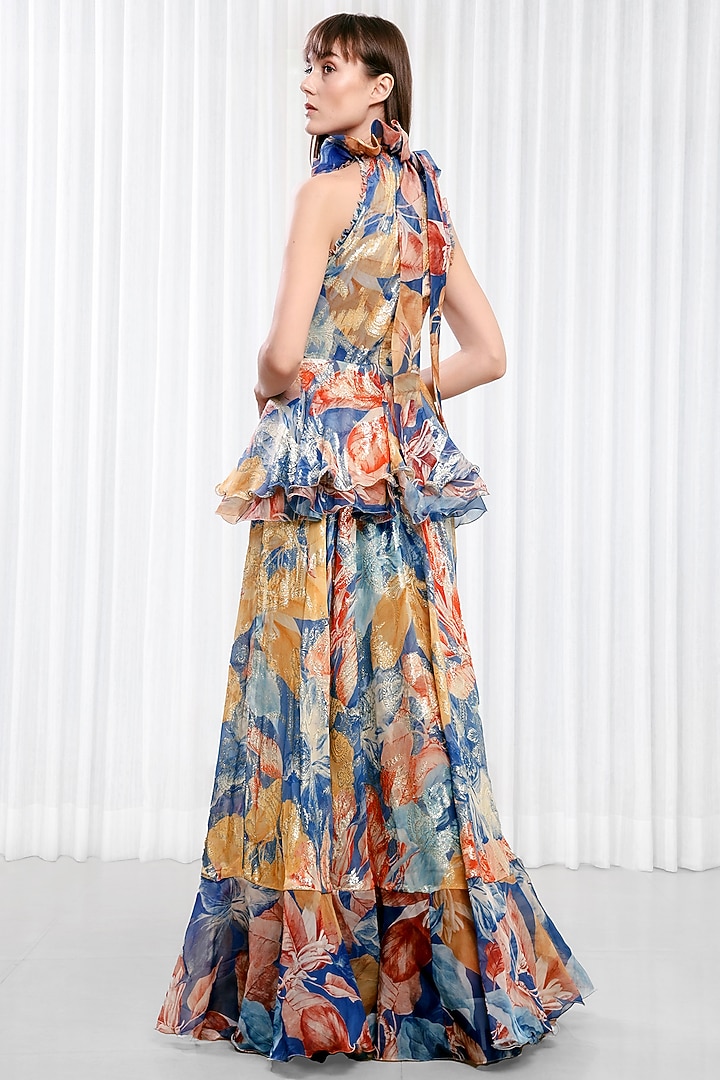 Blue Brasso & Organza Printed Ruffled Cocktail Dress by Mandira Wirk - Resort at Pernia's Pop Up Shop