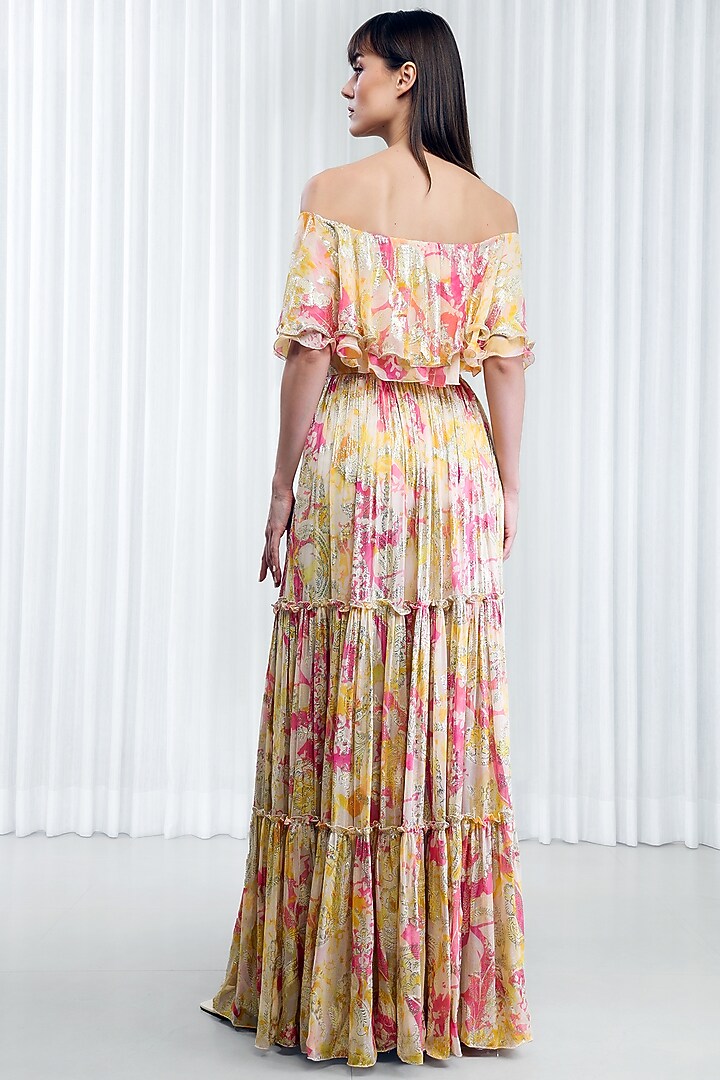 Yellow Brasso & Chiffon Printed Tiered Cocktail Dress by Mandira Wirk - Resort at Pernia's Pop Up Shop