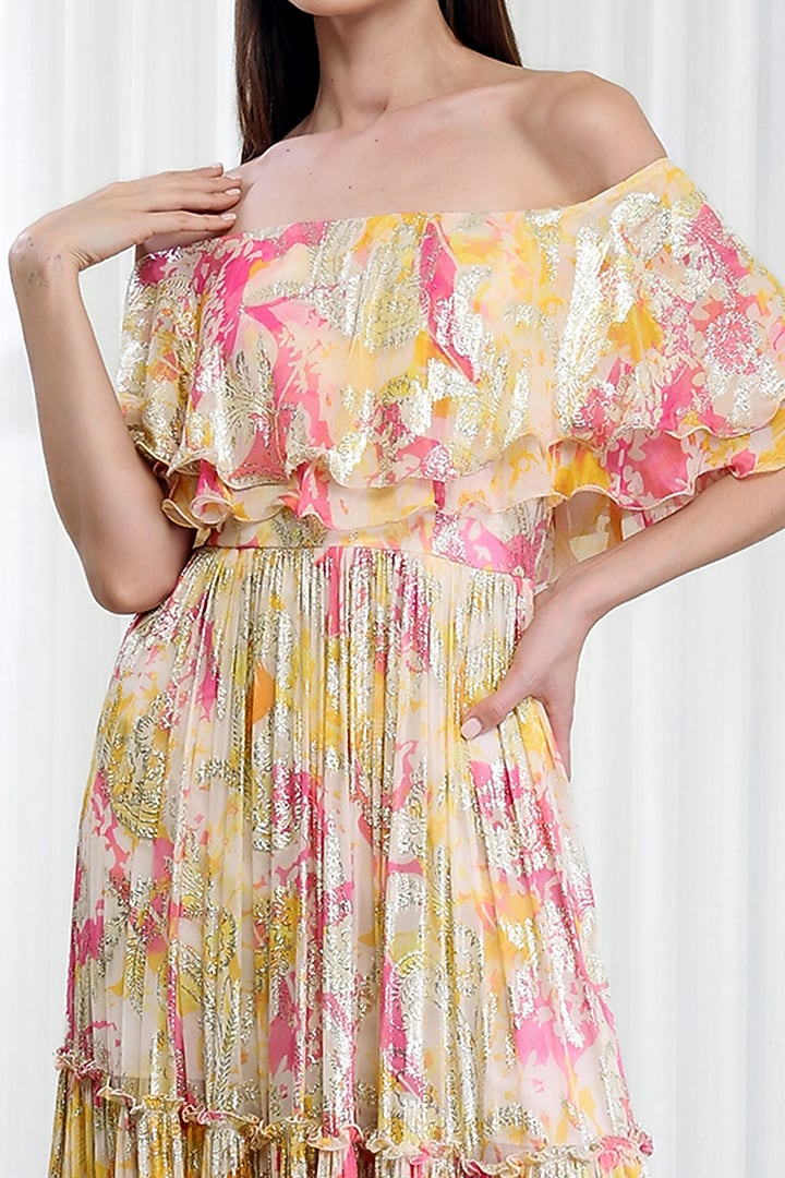 Yellow Brasso & Chiffon Printed Tiered Cocktail Dress by Mandira Wirk - Resort at Pernia's Pop Up Shop