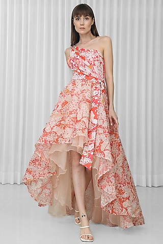 Orange Organza Printed High-Low Dress by Mandira Wirk - Resort