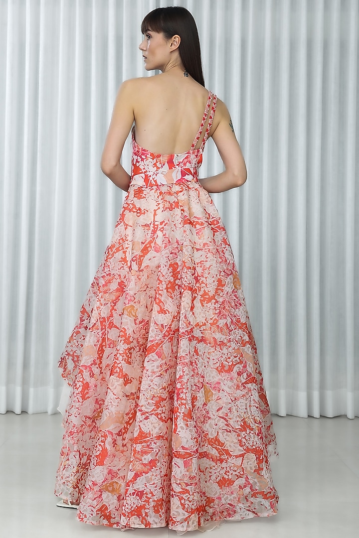 Orange Organza Printed High-Low Cocktail Dress by Mandira Wirk - Resort at Pernia's Pop Up Shop