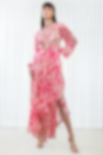 Pink Chiffon Printed High-low Dress by Mandira Wirk