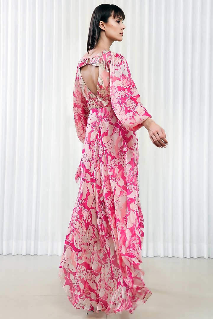 Pink Chiffon Printed High-low Vacation Dress by Mandira Wirk - Resort at Pernia's Pop Up Shop