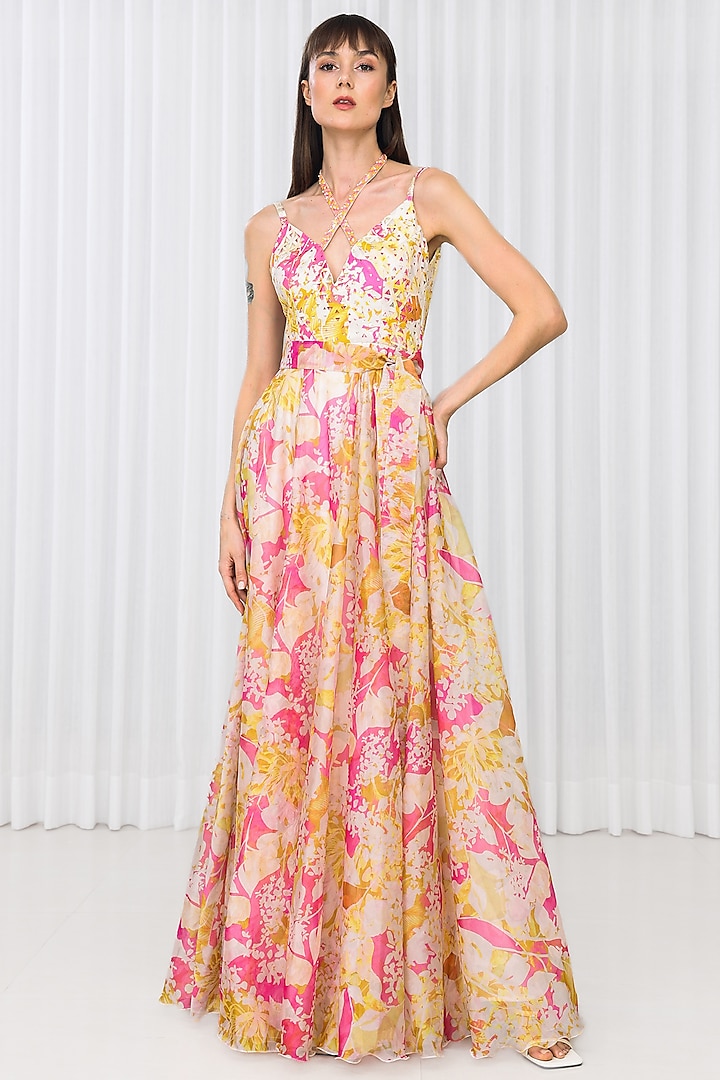 Yellow Poly Organza Printed Dress by Mandira Wirk