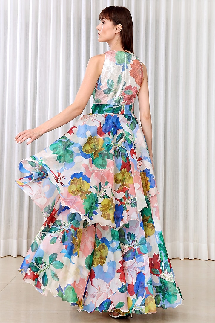 Blue Poly Organza & Sequins Printed Cocktail Dress by Mandira Wirk - Resort at Pernia's Pop Up Shop