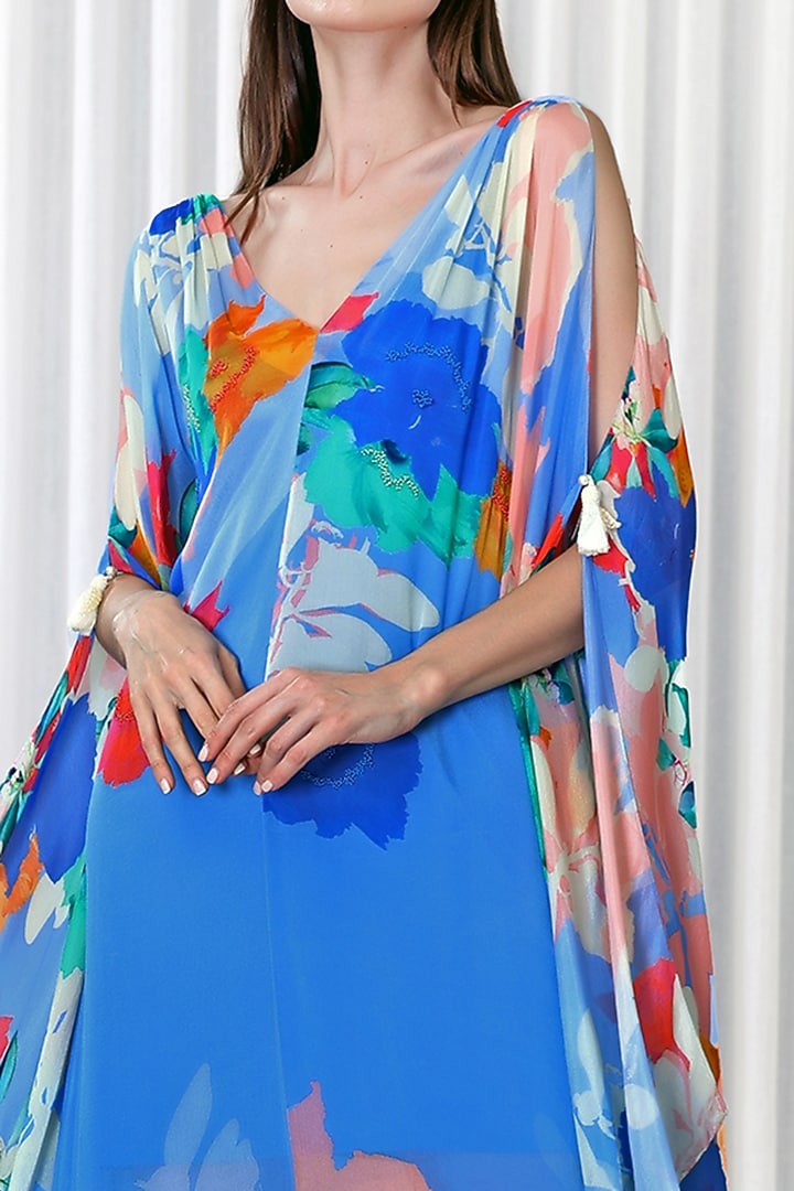 Blue Chiffon Printed Kaftan by Mandira Wirk - Resort at Pernia's Pop Up Shop