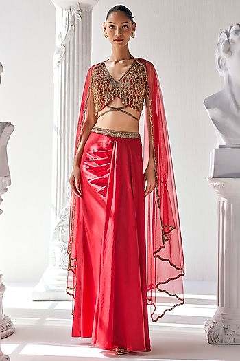 Red Royal Satin Skirt Set by Mandira Wirk - Indian at Pernia's Pop Up Shop