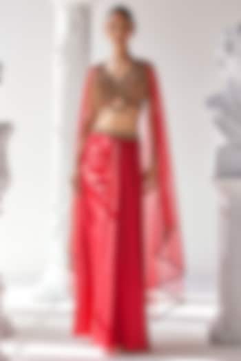 Red Royal Satin Skirt Set by Mandira Wirk