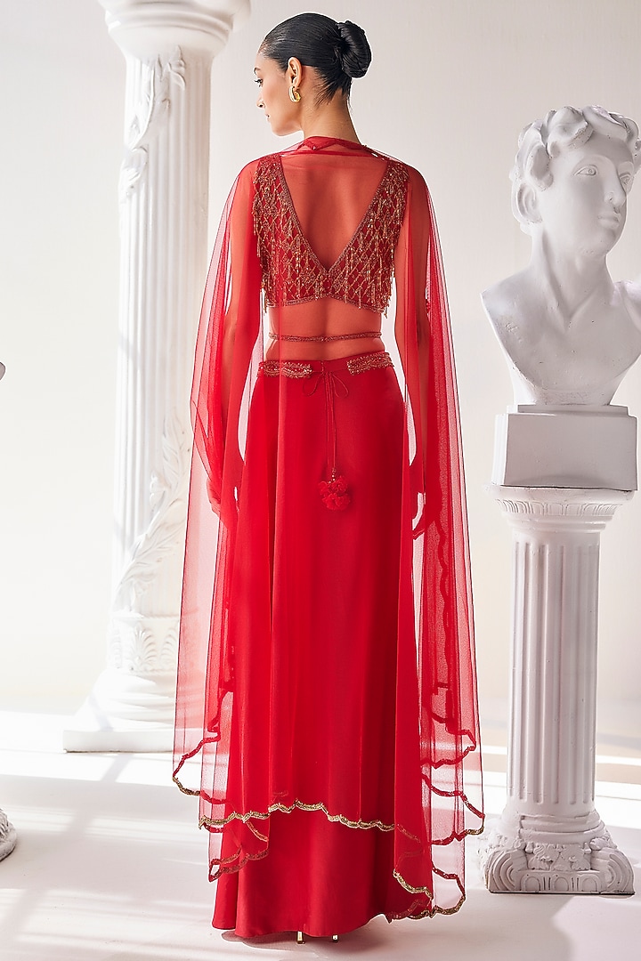 Red Royal Satin Skirt Set by Mandira Wirk - Indian at Pernia's Pop Up Shop