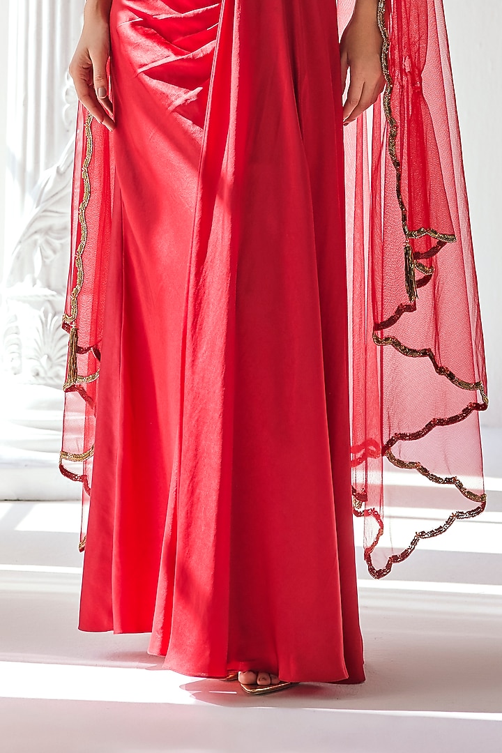 Red Royal Satin Skirt Set by Mandira Wirk - Indian at Pernia's Pop Up Shop