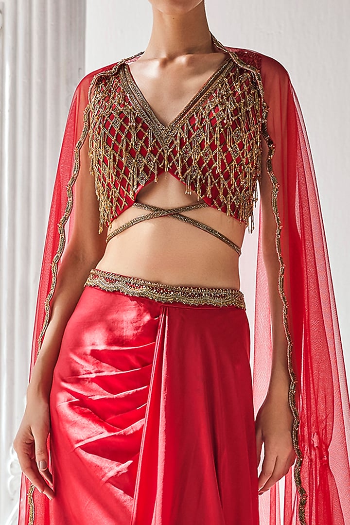 Red Royal Satin Skirt Set by Mandira Wirk - Indian at Pernia's Pop Up Shop