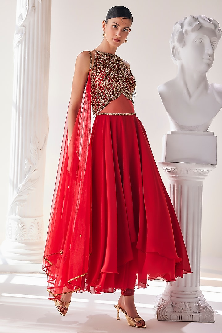 Red Georgette Embroidered High-Low Anarkali Set by Mandira Wirk - Indian at Pernia's Pop Up Shop