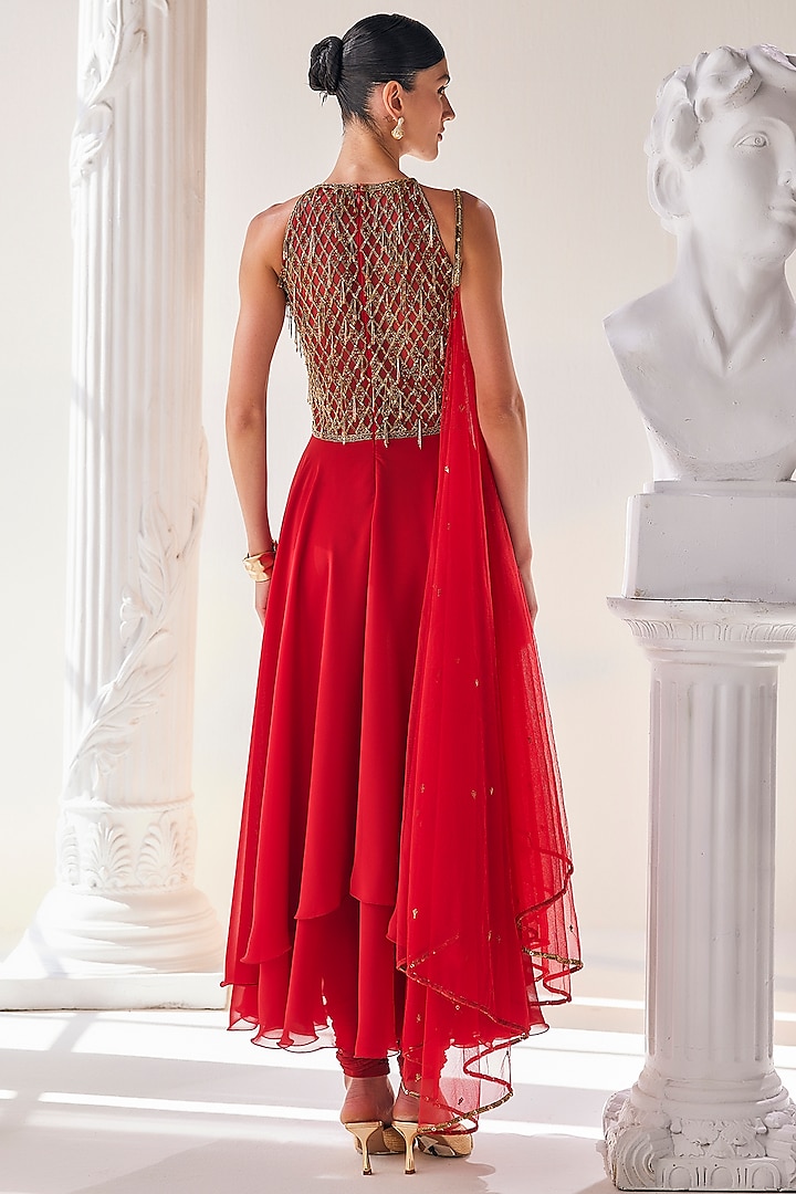 Red Georgette Embroidered High-Low Bridal Anarkali Set by Mandira Wirk - Indian at Pernia's Pop Up Shop
