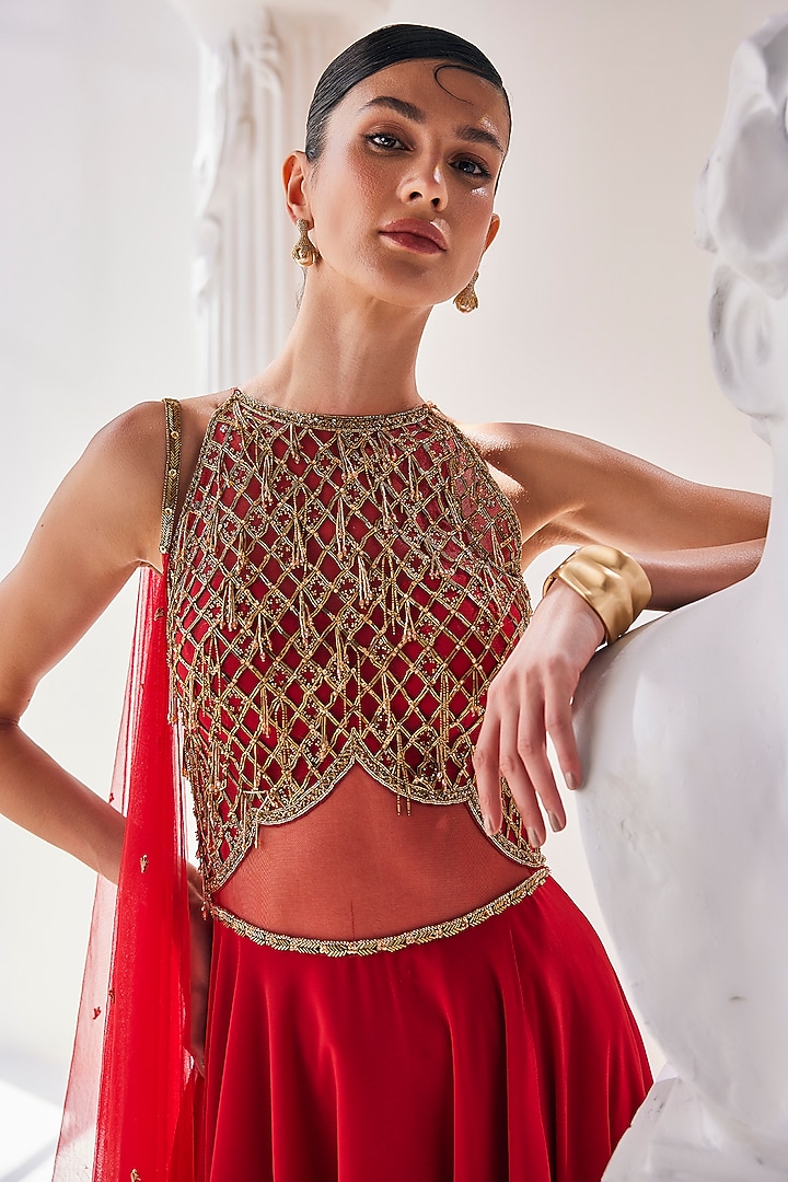 Red Georgette Embroidered High-Low Bridal Anarkali Set by Mandira Wirk - Indian at Pernia's Pop Up Shop