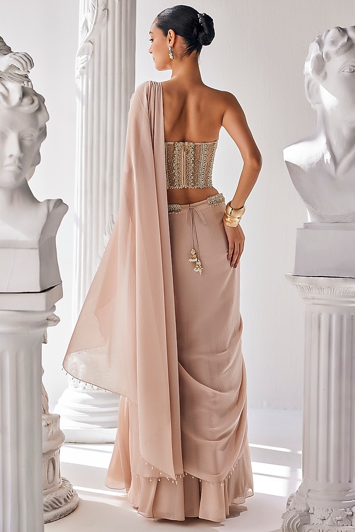 Golden Cream Metallic Shimmer Chiffon Embroidered Draped Reception Saree Set by Mandira Wirk - Indian at Pernia's Pop Up Shop