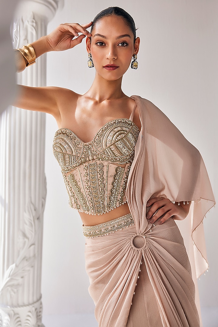 Golden Cream Metallic Shimmer Chiffon Embroidered Draped Reception Saree Set by Mandira Wirk - Indian at Pernia's Pop Up Shop